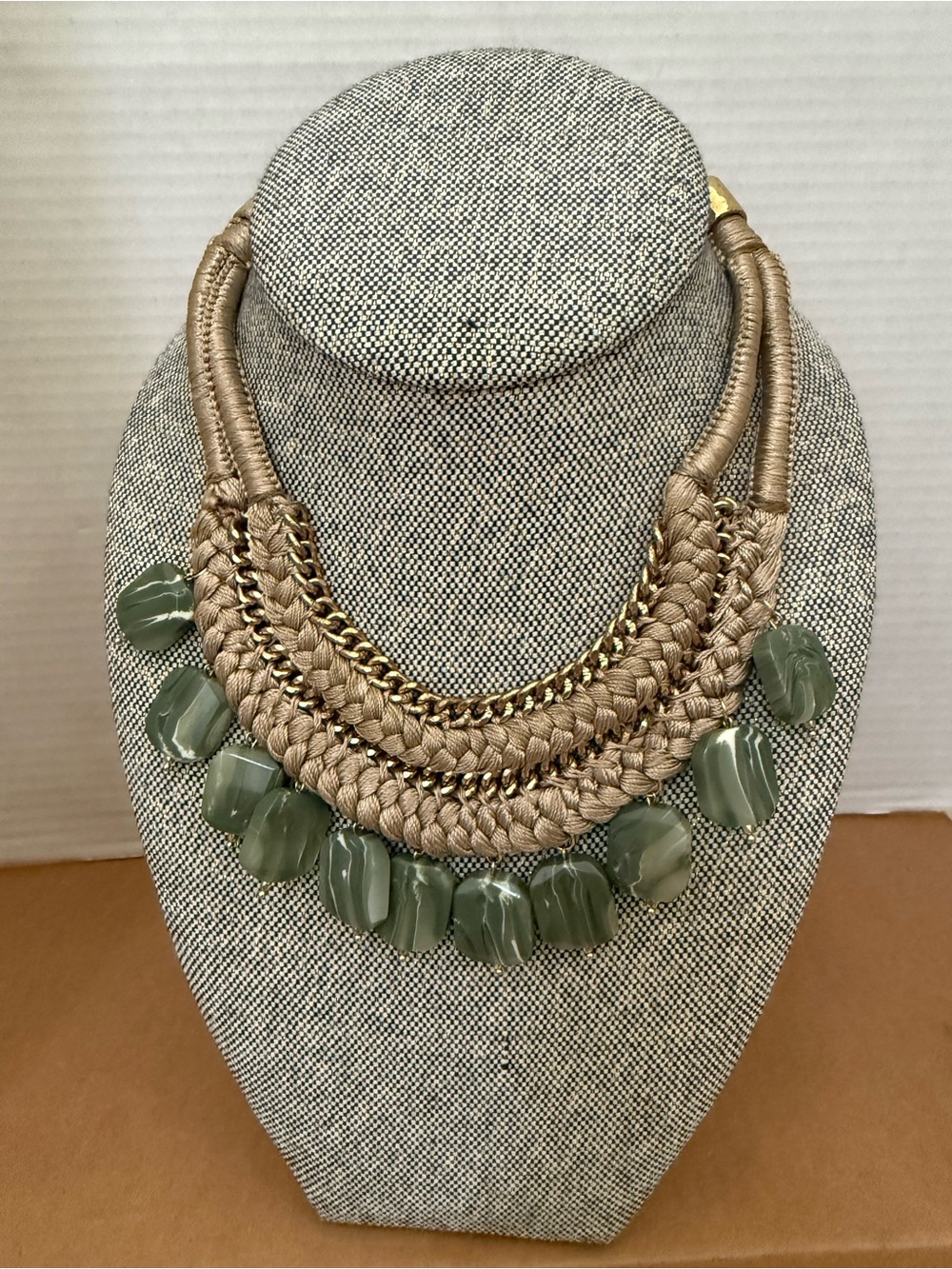 Chico’s Chunky Olive Green Statement Necklace, Braided Multi-Strand